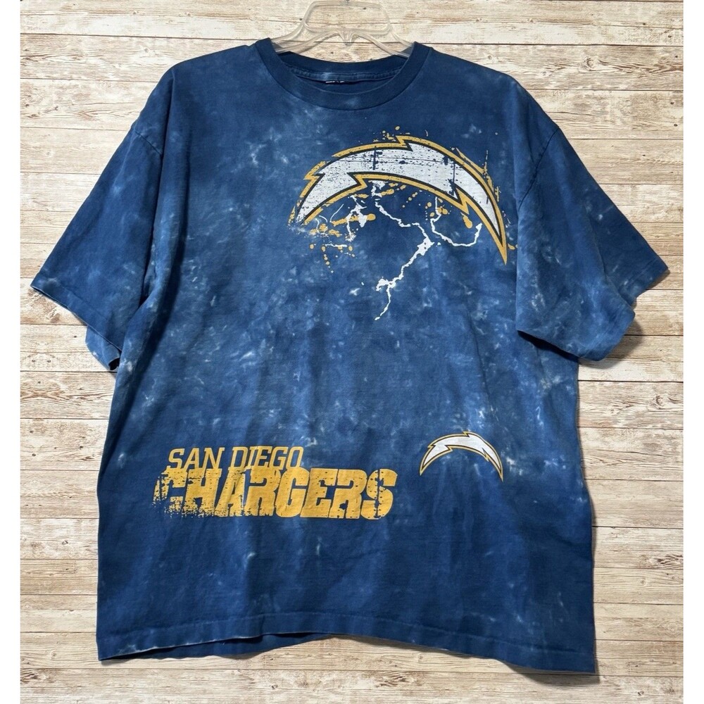 Vintage 90s Chargers NFL T-Shirt XXL Blue Tie Dye Bolt Distressed Single Stitch
